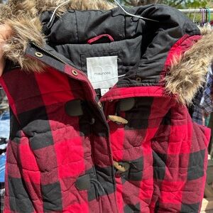 Maurices Red and Black Checkered Vest with Fur Trim